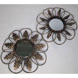 2 Vintage Hanging Mirrors Metal Flower Shaped with Leaves Decoration Home Decor